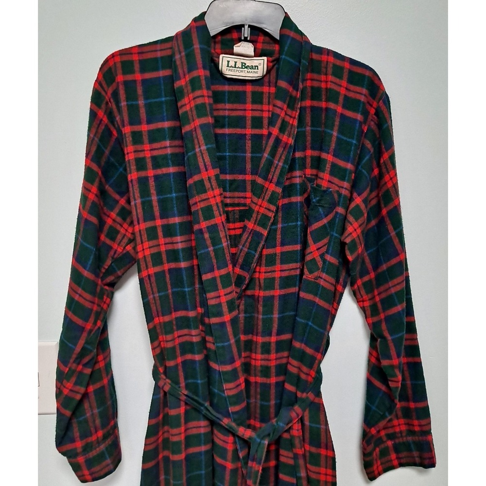 Vintage 90s L.L. Bean Flannel Plaid Belted Bath Robe Men's Size Medium Red Green - Picture 3 of 6